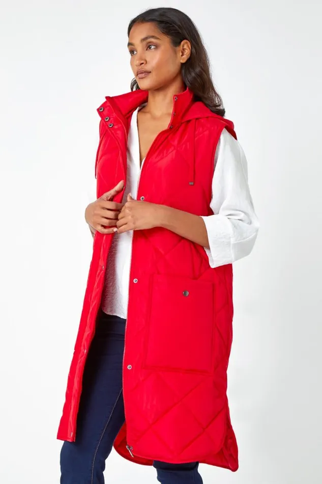 Women Red Diamond Quilted Longline Gilet Roman Coats