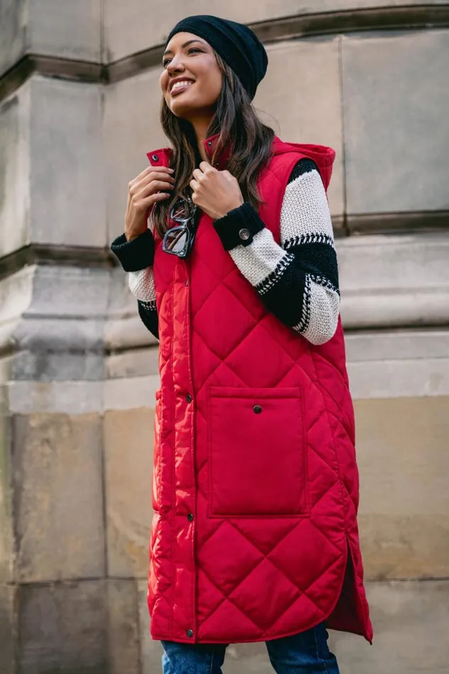 Women Red Diamond Quilted Longline Gilet Roman Coats