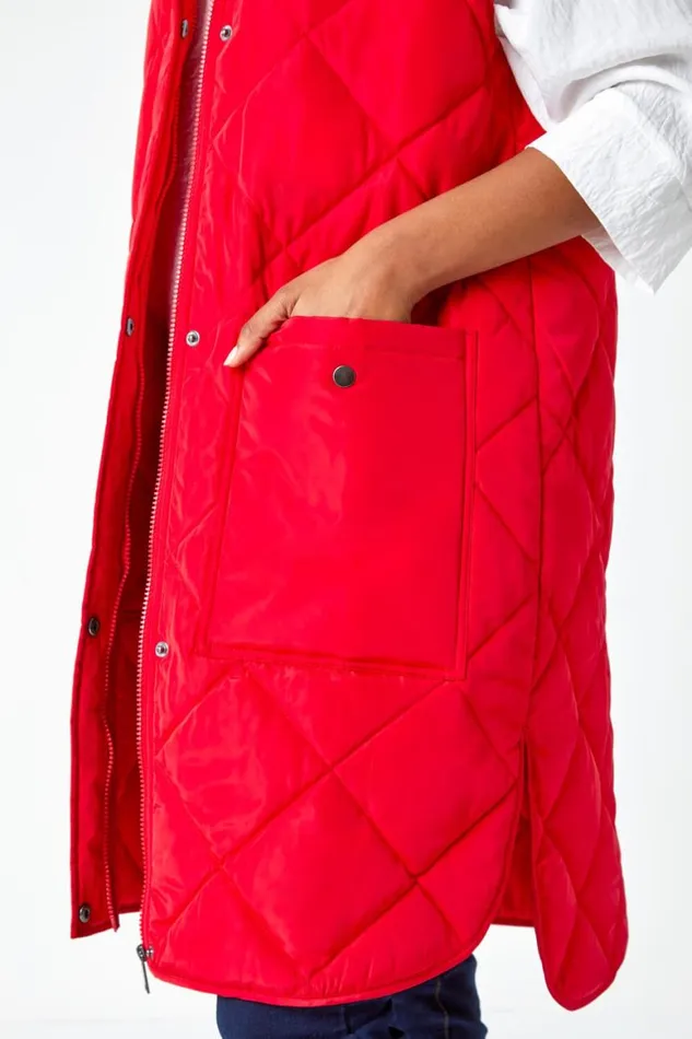 Women Red Diamond Quilted Longline Gilet Roman Coats
