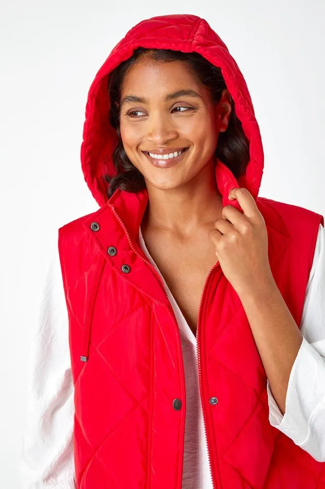 Women Red Diamond Quilted Longline Gilet Roman Coats