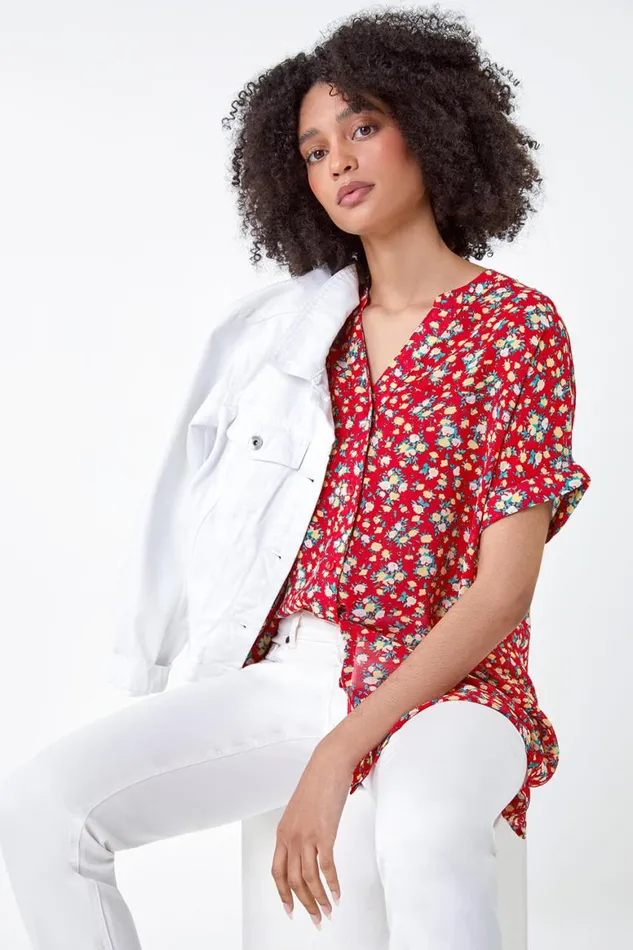 Women Red Ditsy Floral Button Through Top Roman Tops