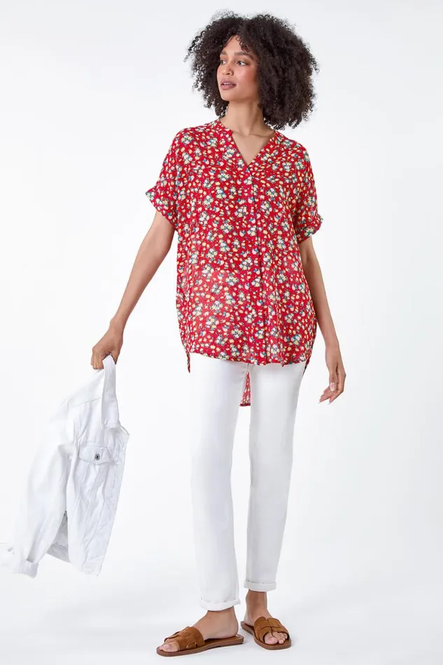Women Red Ditsy Floral Button Through Top Roman Tops
