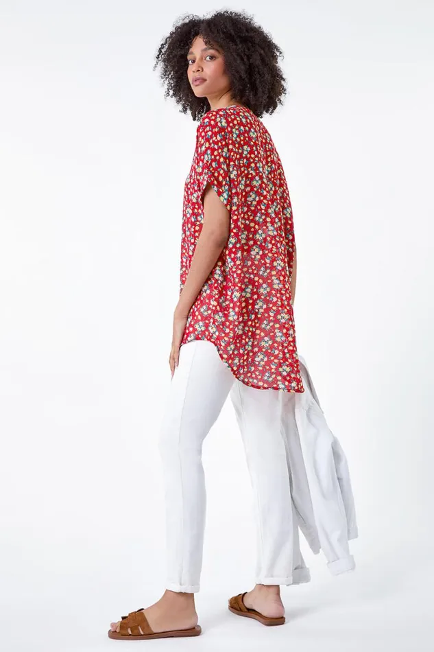 Women Red Ditsy Floral Button Through Top Roman Tops