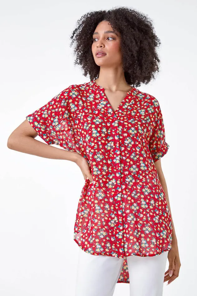 Women Red Ditsy Floral Button Through Top Roman Tops