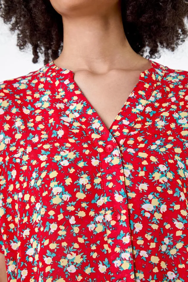 Women Red Ditsy Floral Button Through Top Roman Tops