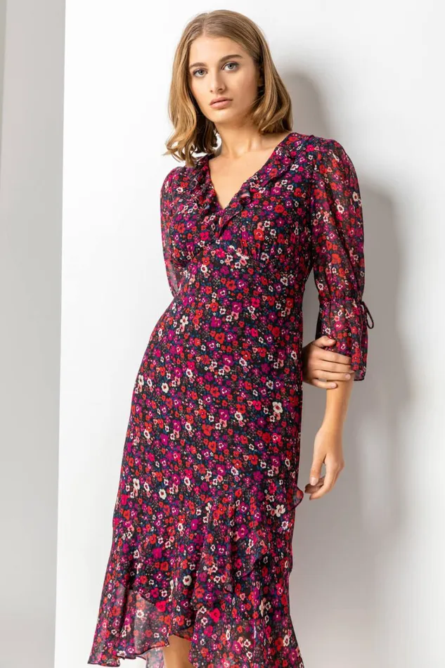Women Red Ditsy Floral Chiffon Frill Midi Dress Roman Dresses