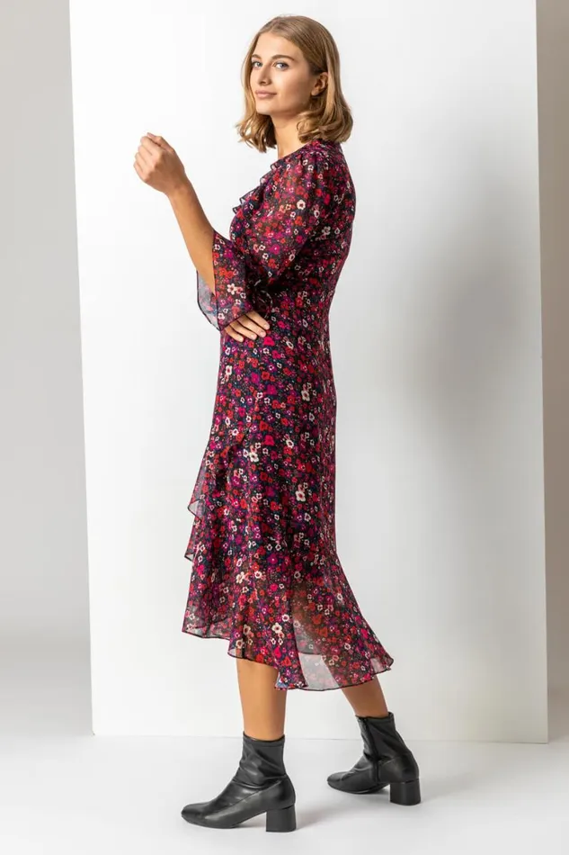 Women Red Ditsy Floral Chiffon Frill Midi Dress Roman Dresses