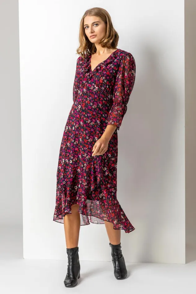 Women Red Ditsy Floral Chiffon Frill Midi Dress Roman Dresses