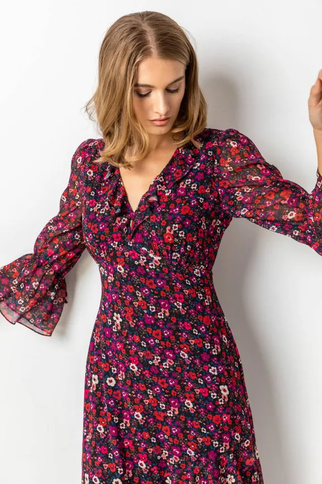 Women Red Ditsy Floral Chiffon Frill Midi Dress Roman Dresses