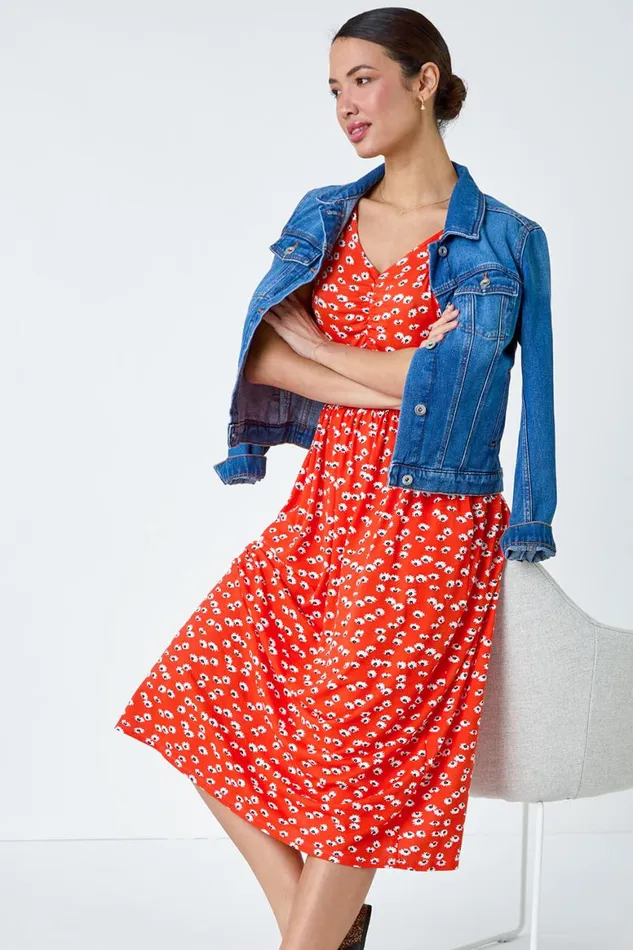 Women Red Ditsy Print Ruched Midi Dress Roman Dresses