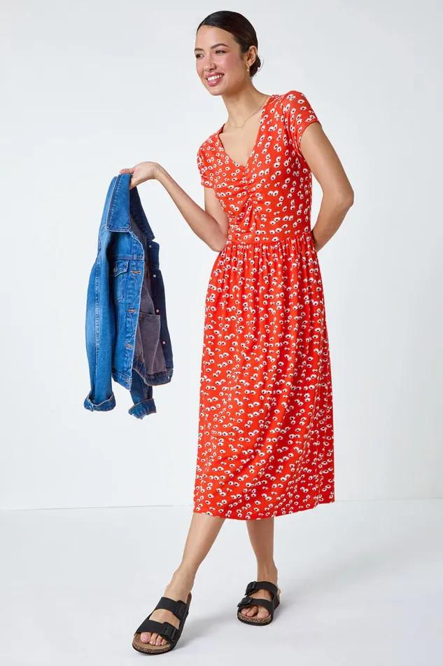 Women Red Ditsy Print Ruched Midi Dress Roman Dresses
