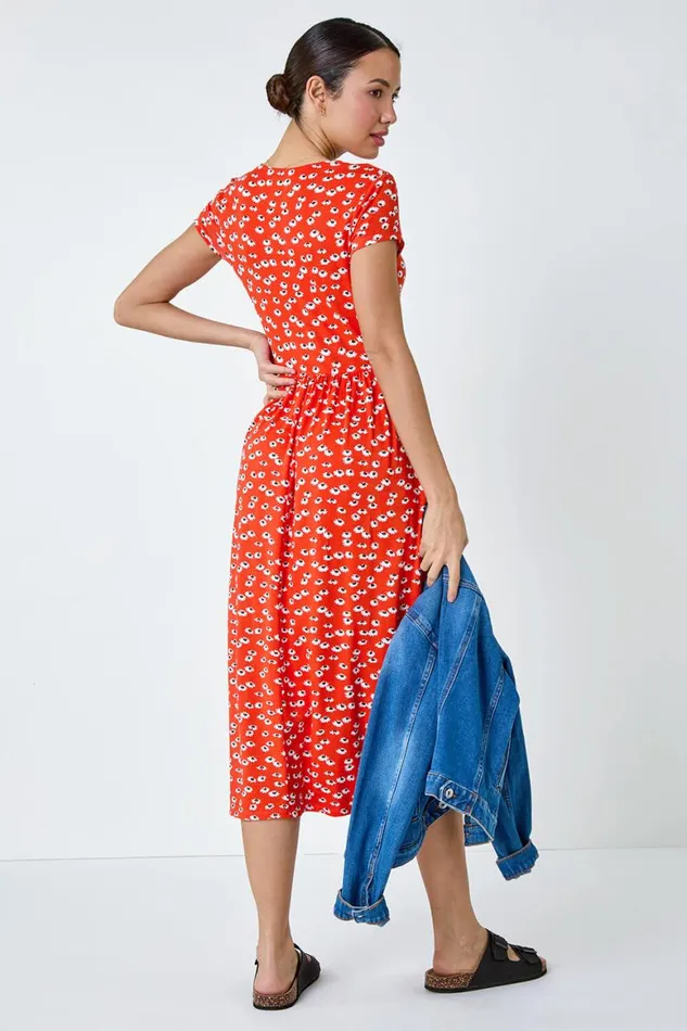 Women Red Ditsy Print Ruched Midi Dress Roman Dresses