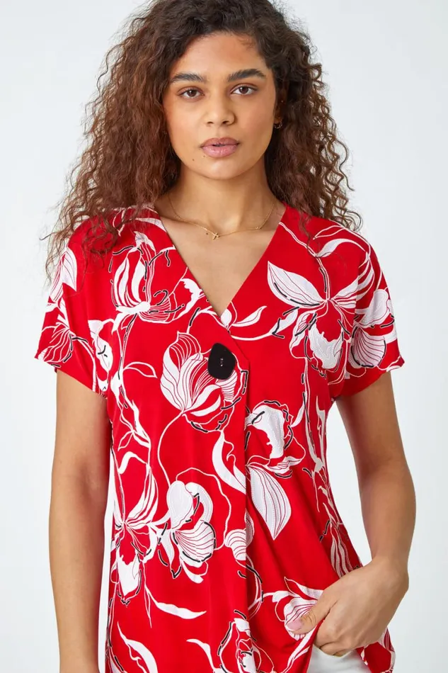 Women Red Floral Button Detail VNeck Stretch Top Roman Tops