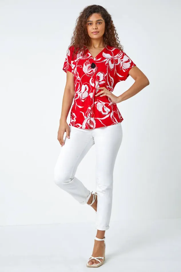 Women Red Floral Button Detail VNeck Stretch Top Roman Tops