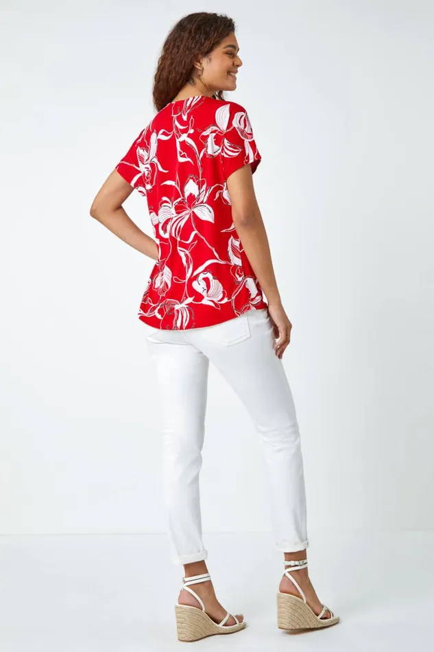 Women Red Floral Button Detail VNeck Stretch Top Roman Tops