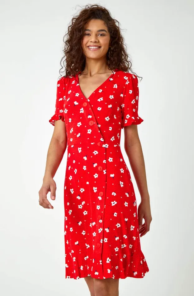 Women Red Floral Jersey Wrap Skater Tea Dress Roman Dresses