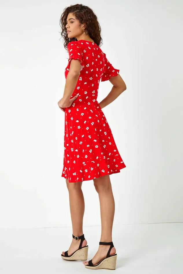 Women Red Floral Jersey Wrap Skater Tea Dress Roman Dresses