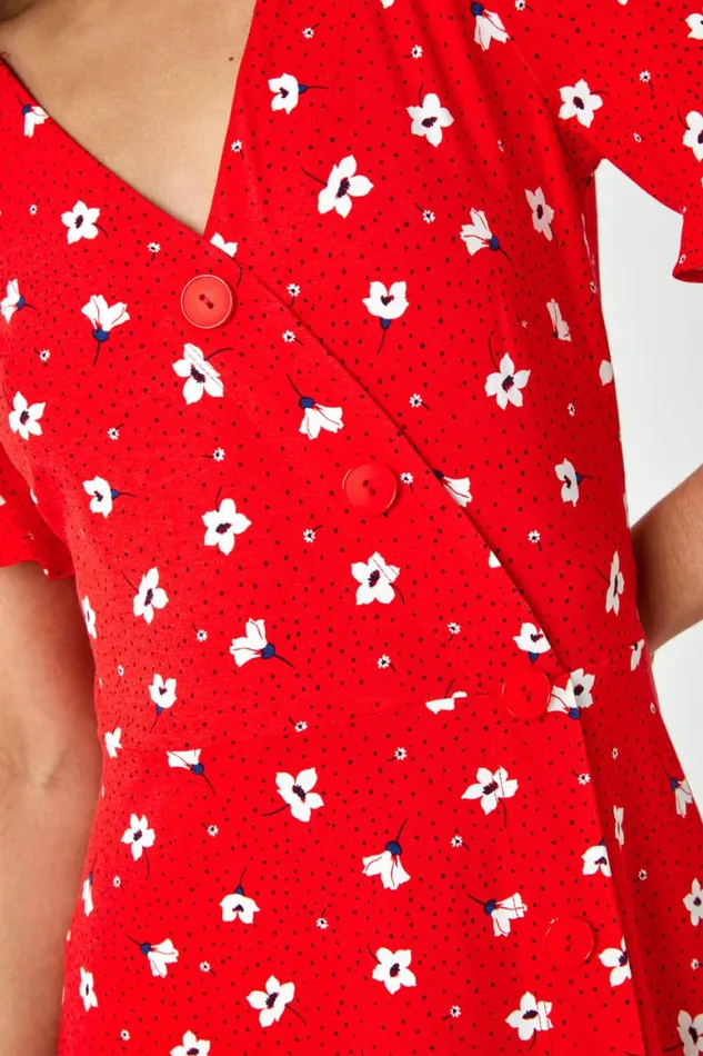 Women Red Floral Jersey Wrap Skater Tea Dress Roman Dresses