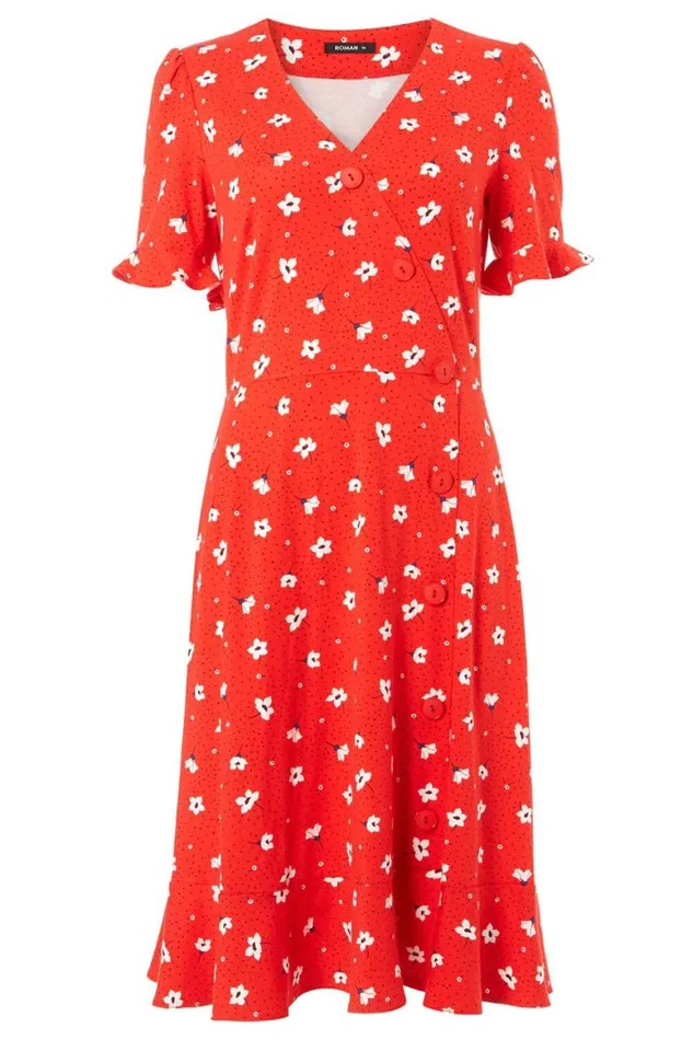 Women Red Floral Jersey Wrap Skater Tea Dress Roman Dresses
