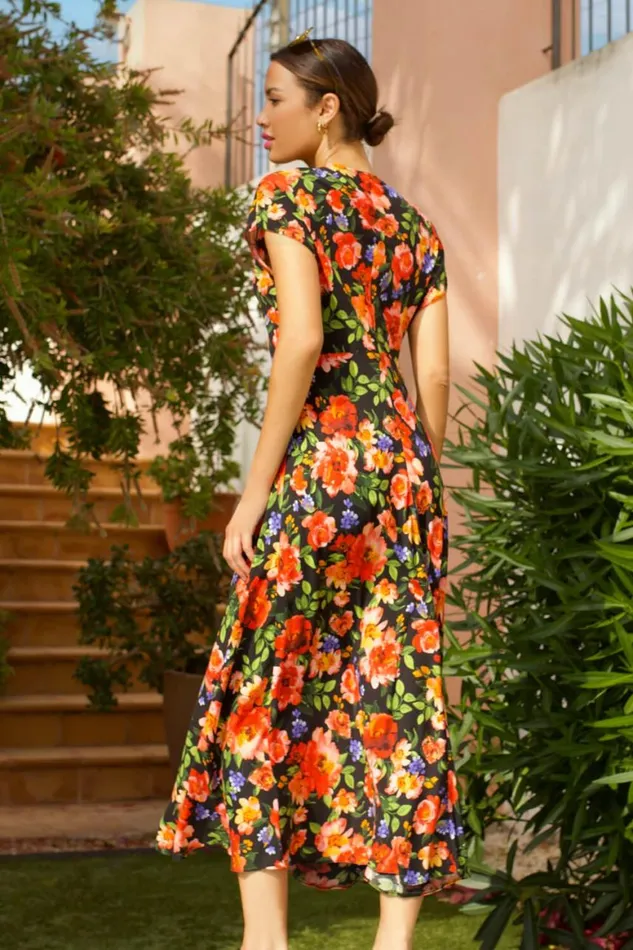 Women Red Floral Print Fit and Flare Midi Dress Roman Dresses