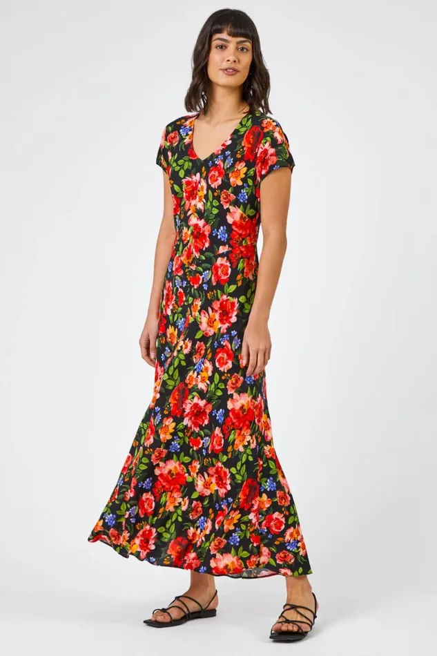 Women Red Floral Print Fit and Flare Midi Dress Roman Dresses
