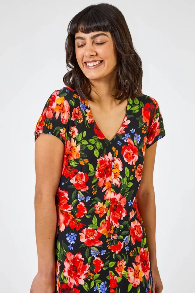 Women Red Floral Print Fit and Flare Midi Dress Roman Dresses