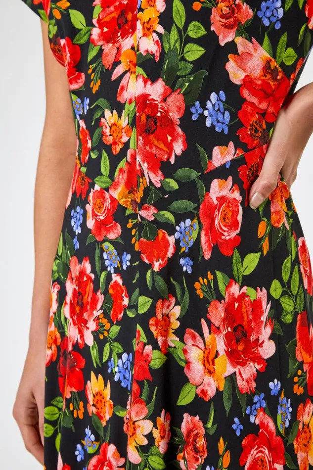 Women Red Floral Print Fit and Flare Midi Dress Roman Dresses