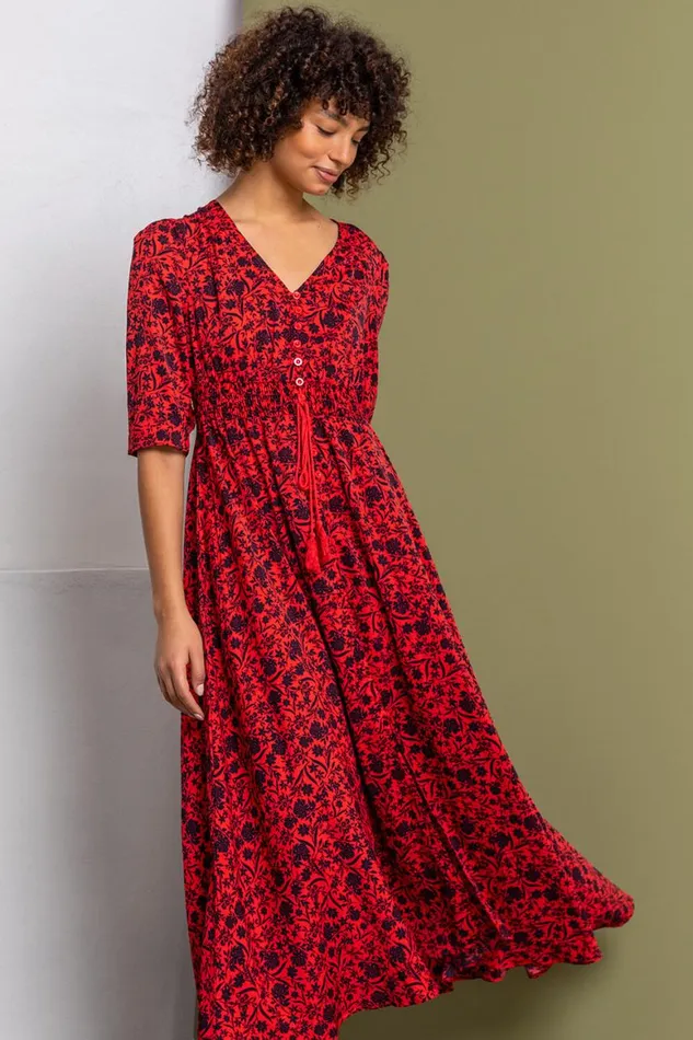 Women Red Floral Print Shirred Waist Maxi Dress Roman Dresses