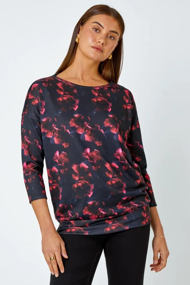 Women Red Floral Stretch Blouson Top Roman Tops