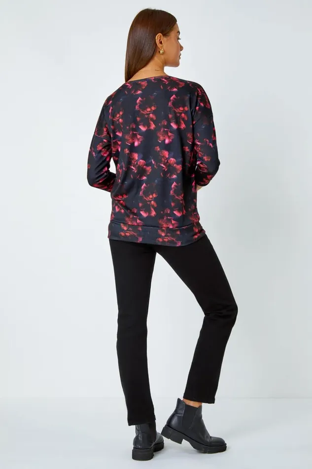Women Red Floral Stretch Blouson Top Roman Tops