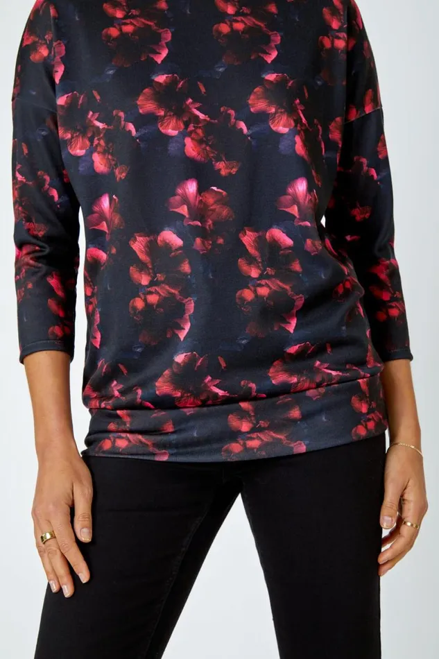 Women Red Floral Stretch Blouson Top Roman Tops