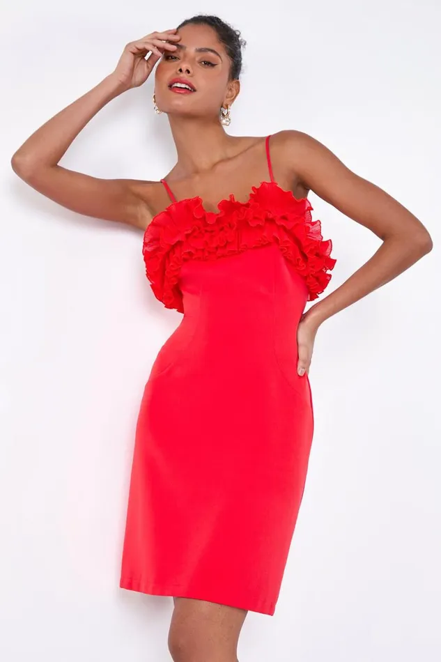 Women Red Frill Detail Stretch Dress Roman Dresses