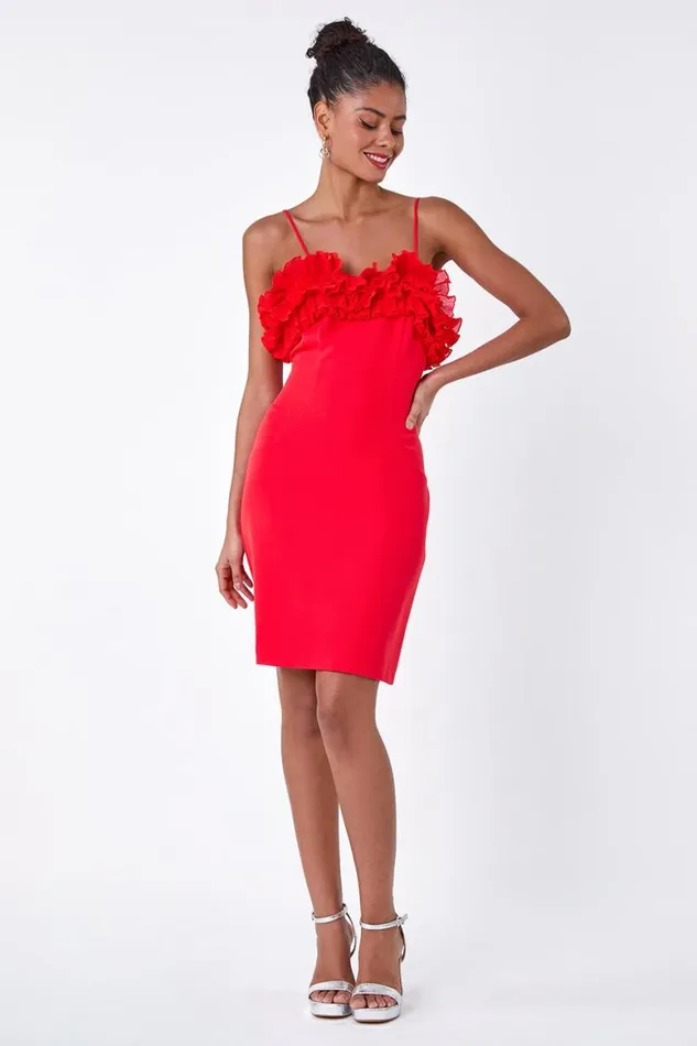 Women Red Frill Detail Stretch Dress Roman Dresses