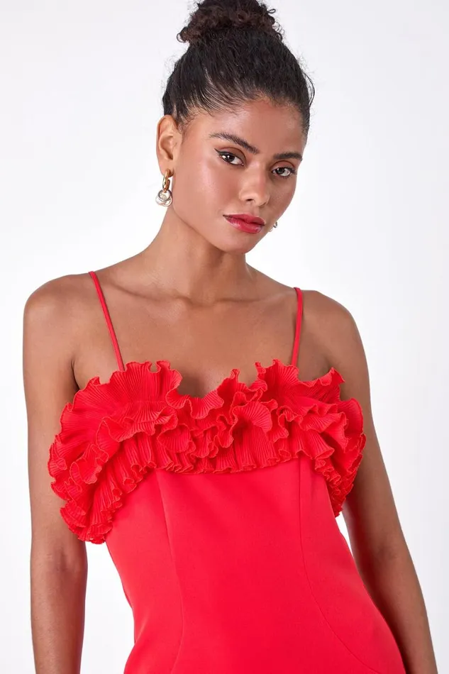Women Red Frill Detail Stretch Dress Roman Dresses