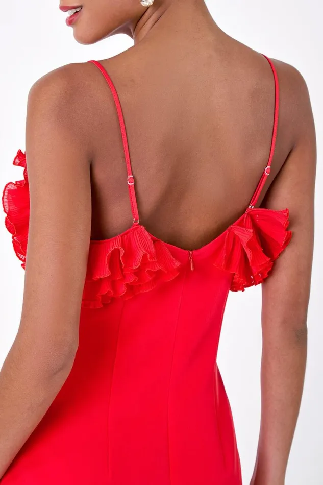 Women Red Frill Detail Stretch Dress Roman Dresses