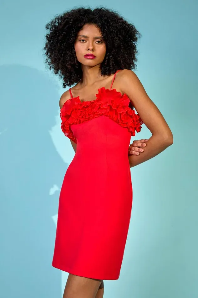 Women Red Frill Detail Stretch Dress Roman Dresses