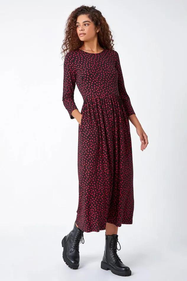 Women Red Heart Print Stretch Midi Dress Roman Dresses