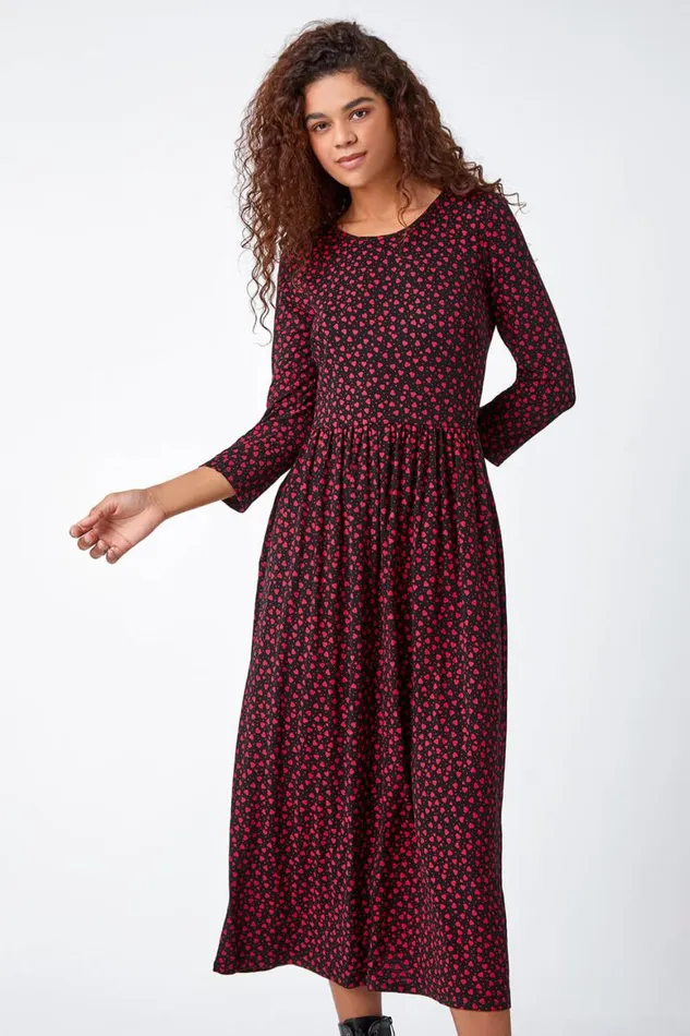 Women Red Heart Print Stretch Midi Dress Roman Dresses
