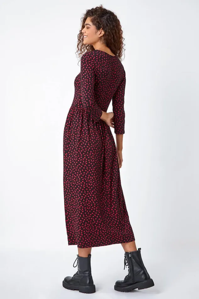Women Red Heart Print Stretch Midi Dress Roman Dresses