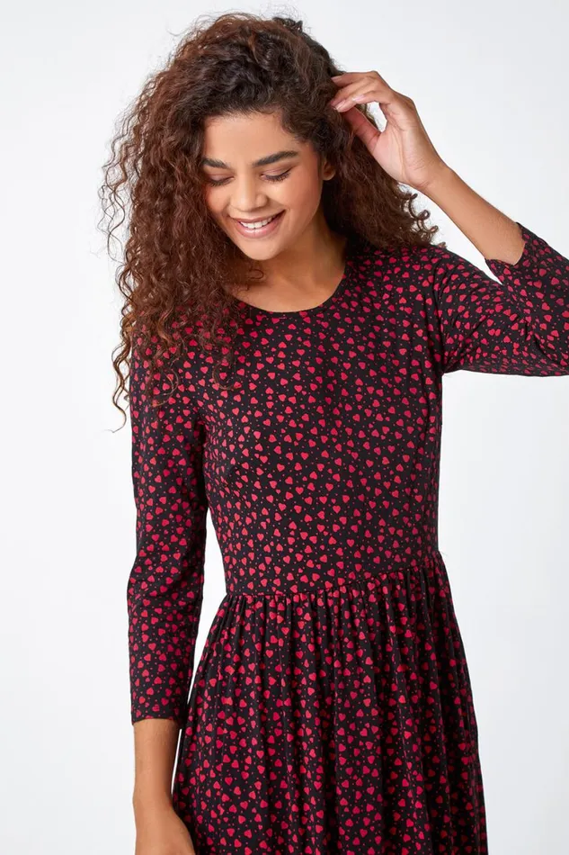 Women Red Heart Print Stretch Midi Dress Roman Dresses