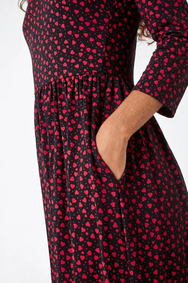 Women Red Heart Print Stretch Midi Dress Roman Dresses