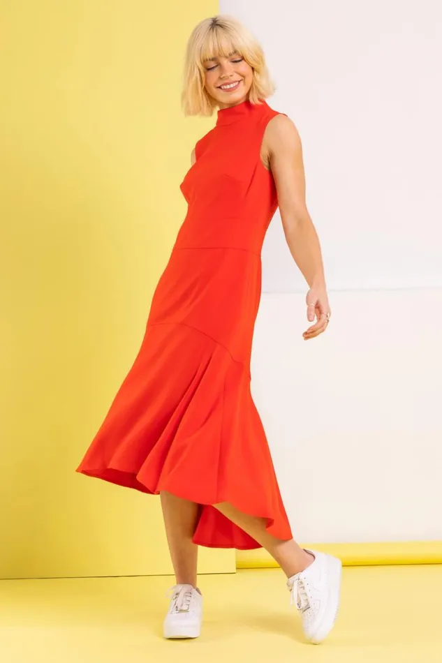 Women Red High Neck Dipped Hem Midi Dress Roman Dresses