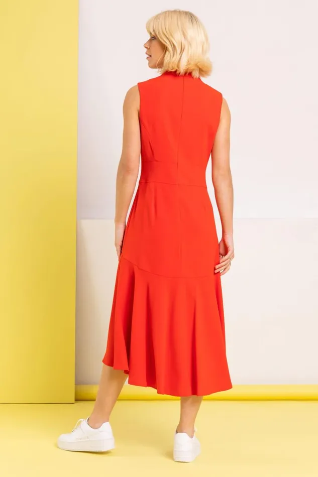 Women Red High Neck Dipped Hem Midi Dress Roman Dresses