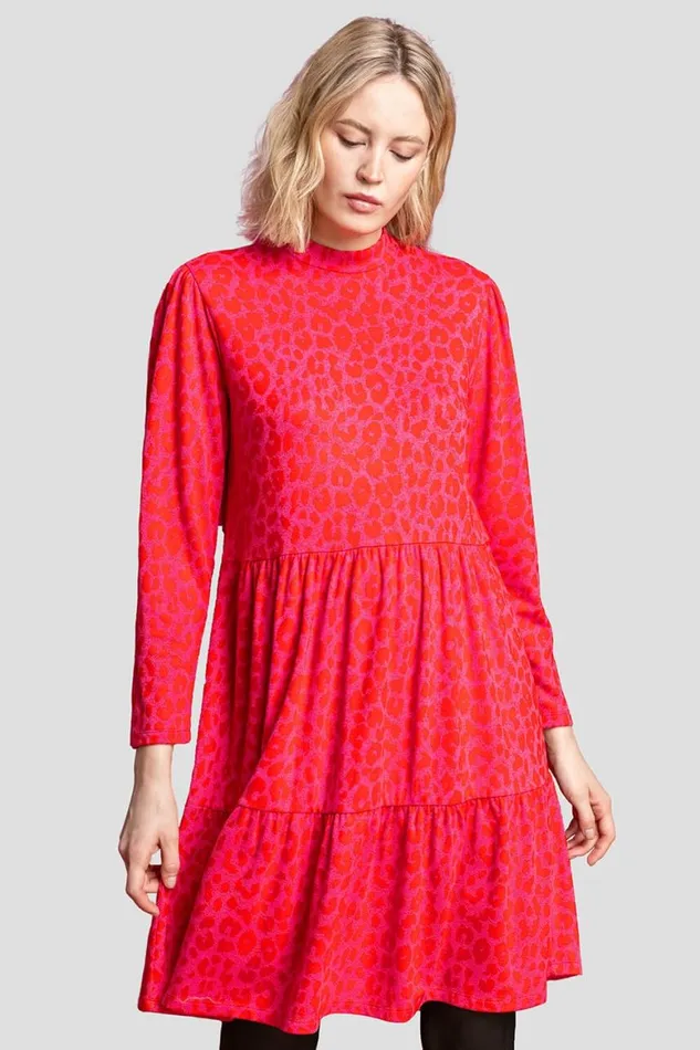 Women Red Jacquard Leopard Print Tiered Dress Roman Dresses