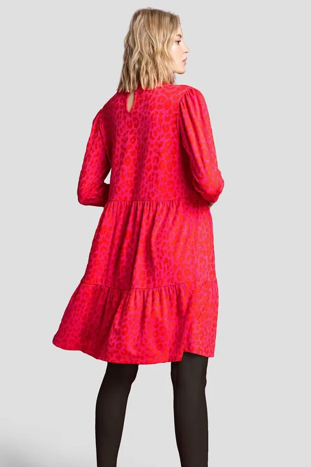 Women Red Jacquard Leopard Print Tiered Dress Roman Dresses