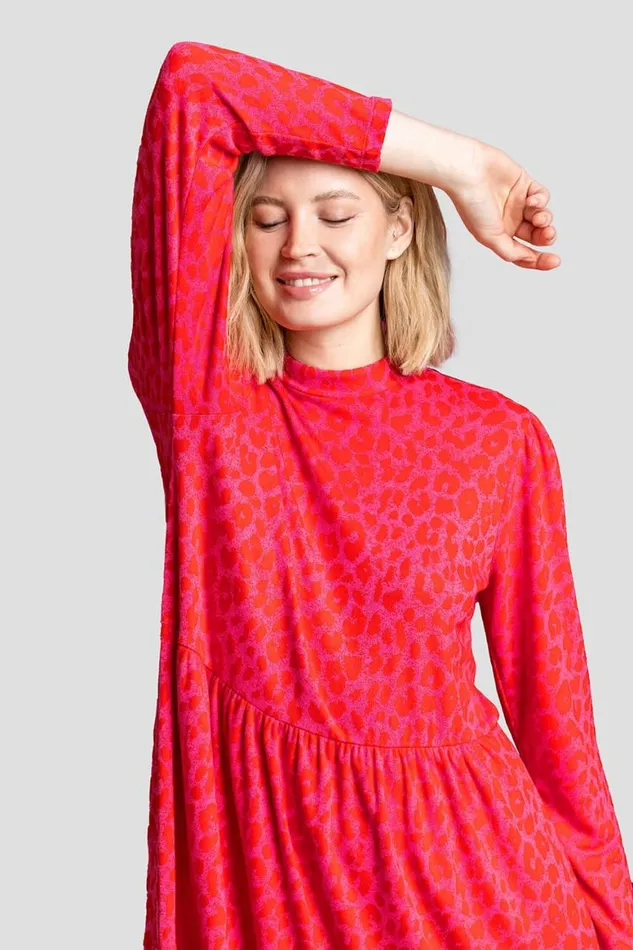 Women Red Jacquard Leopard Print Tiered Dress Roman Dresses