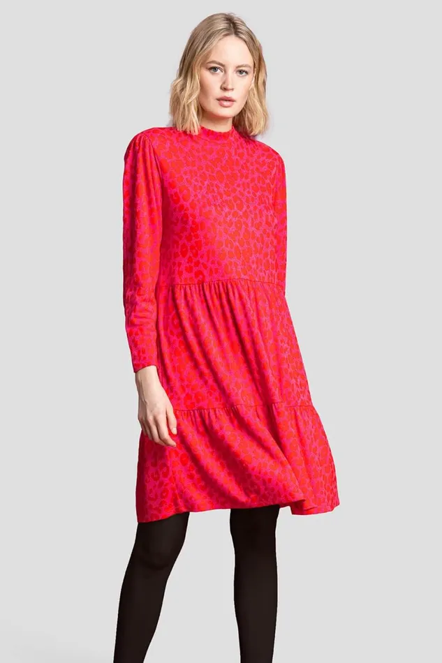 Women Red Jacquard Leopard Print Tiered Dress Roman Dresses
