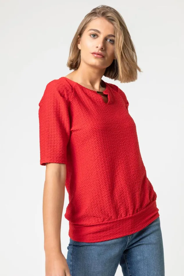 Women Red Keyhole Neck Textured Top Roman Tops