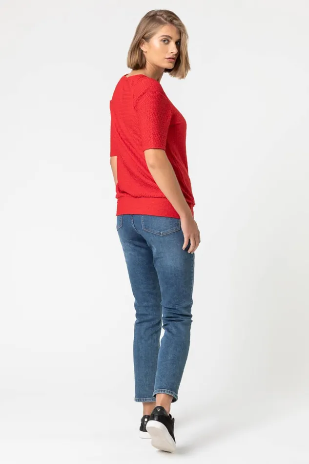 Women Red Keyhole Neck Textured Top Roman Tops