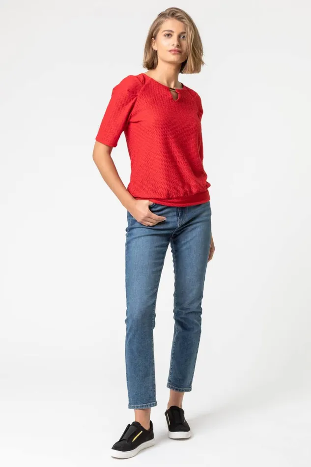 Women Red Keyhole Neck Textured Top Roman Tops